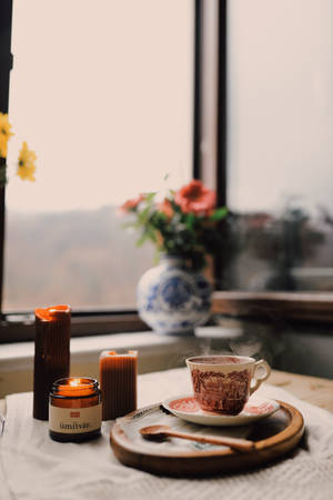 Fondo de pantalla de velas y café con estética preppy — Estética preppy Fondos de pantalla