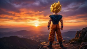 SSJ4 Goku silueteado contra un atardecer en un acantilado.