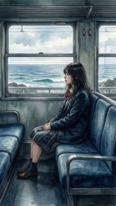 Rikako sola en un tren, contemplando el océano