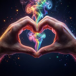 Manos formando un corazón con humo arcoíris, símbolo de amor y diversidad.
