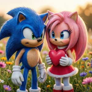 Sonic y Amy comparten un momento tierno en un campo de flores soleado. — Sonic Fondos de pantalla