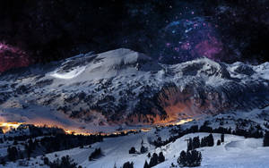 Fondo de pantalla de cordillera nevada bajo cielo galáctico. — 1600x900 Fondos de pantalla