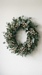 Una corona simple de eucalipto en una pared blanca, estilo escandinavo. — Navideño aesthetic Fondos de pantalla