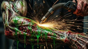 Un cortador de plasma desmembra violentamente a un necromorfo.
