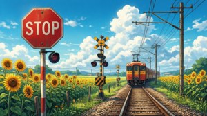 Un cruce ferroviario anime rodeado de campos de girasoles. — 1366x768 Fondos de pantalla