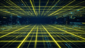 Una cuadrícula de ciencia ficción en amarillo neón y azul oscuro, papel tapiz digital futurista.
