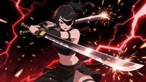 Guerrera anime femenina negra con parche en el ojo en acción. — Anime negro Fondos de pantalla