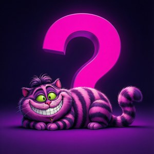 Gato de Cheshire con un gran signo de interrogación en un vacío colorido. — Gato de Cheshire Fondos de pantalla
