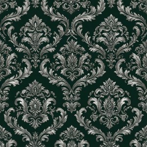 Damasco plateado ornamentado sobre verde oscuro para una estética Slytherin regia.