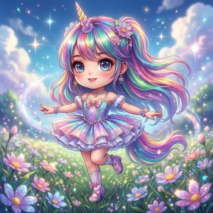 Chica unicornio anime chibi bailando en un campo brillante. — Primavera Fondos de pantalla