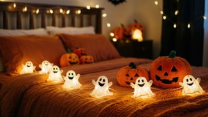Acogedor dormitorio con luces de fantasma y peluches de calabaza