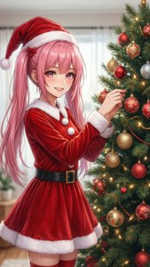 Chica anime disfrazada de elfo decorando el árbol de Navidad