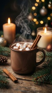 Un primer plano de chocolate caliente con malvaviscos y canela, que encarna la acogedora Navidad.