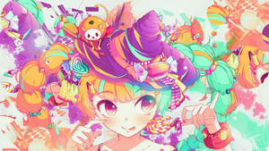 Fondo de pantalla de dulces kawaii de bruja con golosinas.