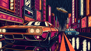 ciudad cyberpunk, horizonte futurista, luces de neón, autos voladores, calles mojadas por la lluvia, letreros holográficos, resplandor rosa y azul, atmósfera brumosa, metrópolis de ciencia ficción, paisaje nocturno urbano, iluminación cinematográfica, arte digital, fotorrealista, escena urbana distópica, Futuro, Ciudad Futurista, Fondo Futurista, Cyberpunk, Auto, Auto 4k