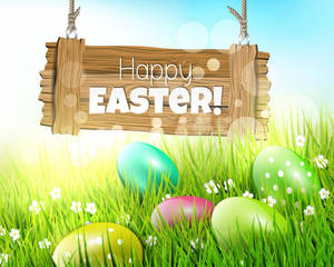 Saludo de Felices Pascuas escrito en una tabla colgante, fondo de Pascua — 5:4 Fondos de pantalla