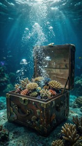 Una caja abierta bajo el agua con burbujas y un arrecife de coral en su interior, tema oceánico surrealista. — iPhone 5 Fondos de pantalla