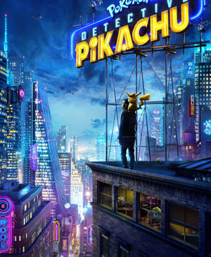 Fondo de pantalla de Detective Pikachu y hombre en la azotea — Galaxy Z Fold 5 Fondos de pantalla