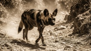 Un dingo cruzando un lecho de arroyo seco en el interior de Australia con tonos sepia. — 1366x768 Fondos de pantalla