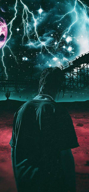 Fondo de pantalla de Astroworld con una imagen estética de Travis Scott y un fondo de relámpagos.