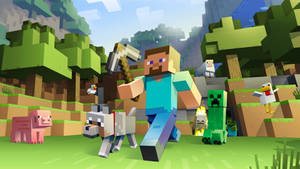 Fondo de pantalla de Steve corriendo en Minecraft con un pico como herramienta