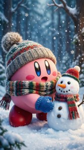 Kirby juega en la nieve construyendo un muñeco de nieve, abrigado con bufanda y gorro. — Kirby GIF Fondos de pantalla