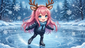 Chica anime con cabello rosa patinando sobre hielo en un estanque congelado en invierno.