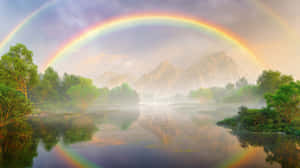 arcoíris,paisaje,montaña,lago,brumoso,naturaleza,paisajístico,reflejo,sereno,tranquilo,vívido,exteriores,clima,cielo,fantasía