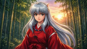 Un fondo de pantalla colorido estilo anime de una chica en kimono en un bosque de bambú.