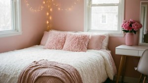 Un dormitorio estético rosa claro con luces de hadas y ropa de cama esponjosa. — Detallado Fondos de pantalla
