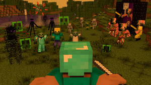 Fondo de pantalla de personajes principales villanos de Minecraft peleando en el campo