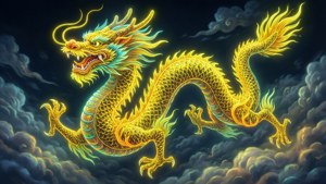 Un dragón chino tradicional con acentos amarillo neón entre nubes, fondo auspicioso.