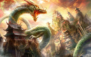 Dragón japonés en PC sobre templos y colinas