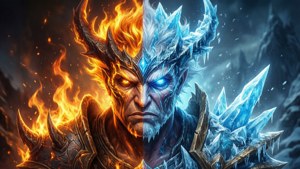 Rog Ally con mitades de fuego y hielo, contraste elemental.