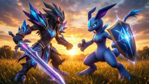 Enfrentamiento épico entre Zacian y Zamazenta en un campo al atardecer