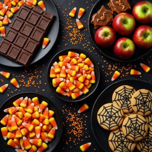 Vista superior colorida de dulces y galletas de Halloween sobre fondo negro