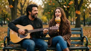 Vivo y Andrés hacen música en una banca del parque en otoño. — Vivo Fondos de pantalla