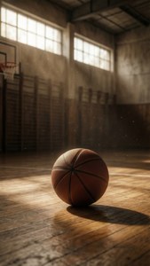 Balón de baloncesto solitario en un suelo de madera bañado por la luz del sol y la nostalgia. — Baloncesto Fondos de pantalla