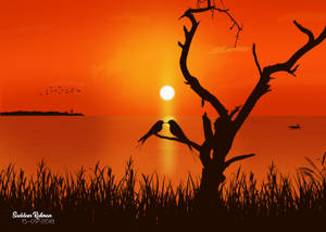 Silueta de pájaros enamorados posados en una rama de árbol contra el atardecer naranja y el mar. Arte de amor para el Día del Corazón.