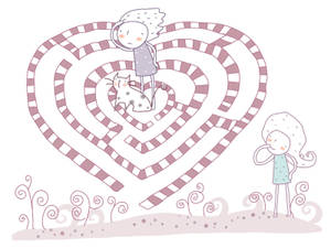 Pareja enamorada con un chico y un gato dentro del laberinto de corazones hecho de bastones de caramelo con una chica esperando afuera.