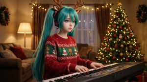 Hatsune Miku tocando el teclado con suéter navideño