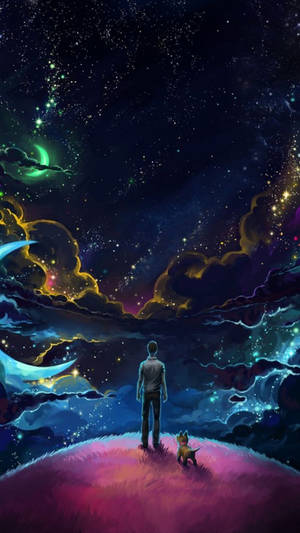 Niño y perro mirando el cielo nocturno arte digital fondo de pantalla iPhone