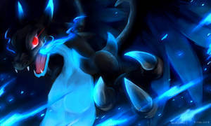 Evolución de Mega Charizard azul Pokémon con ojos rojos y fuego azul listo para luchar.