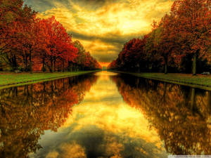 Fondo de otoño de árboles rojos alrededor del río reflejando el atardecer.