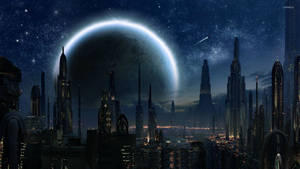 Fondo de pantalla de Star Wars de edificios altos y una gran luna Coruscant en la ciudad moderna