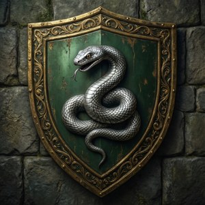 Escudo clásico de Slytherin sobre piedra.