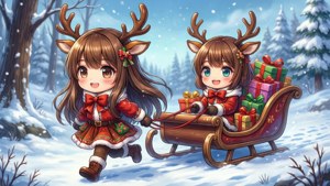 Chicas anime chibi como renos tirando de un trineo con regalos