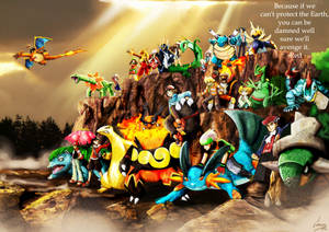 Personajes Pokémon evolucionados en un bosque.