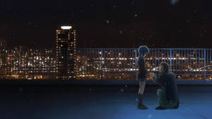 Escena escolar de anime con Yuki Nagato y Kyon en la azotea de noche