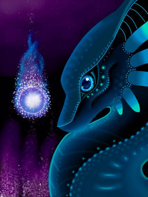 Dragon Ball, dragón azul mirando una bola de fuego violeta, personaje de anime.